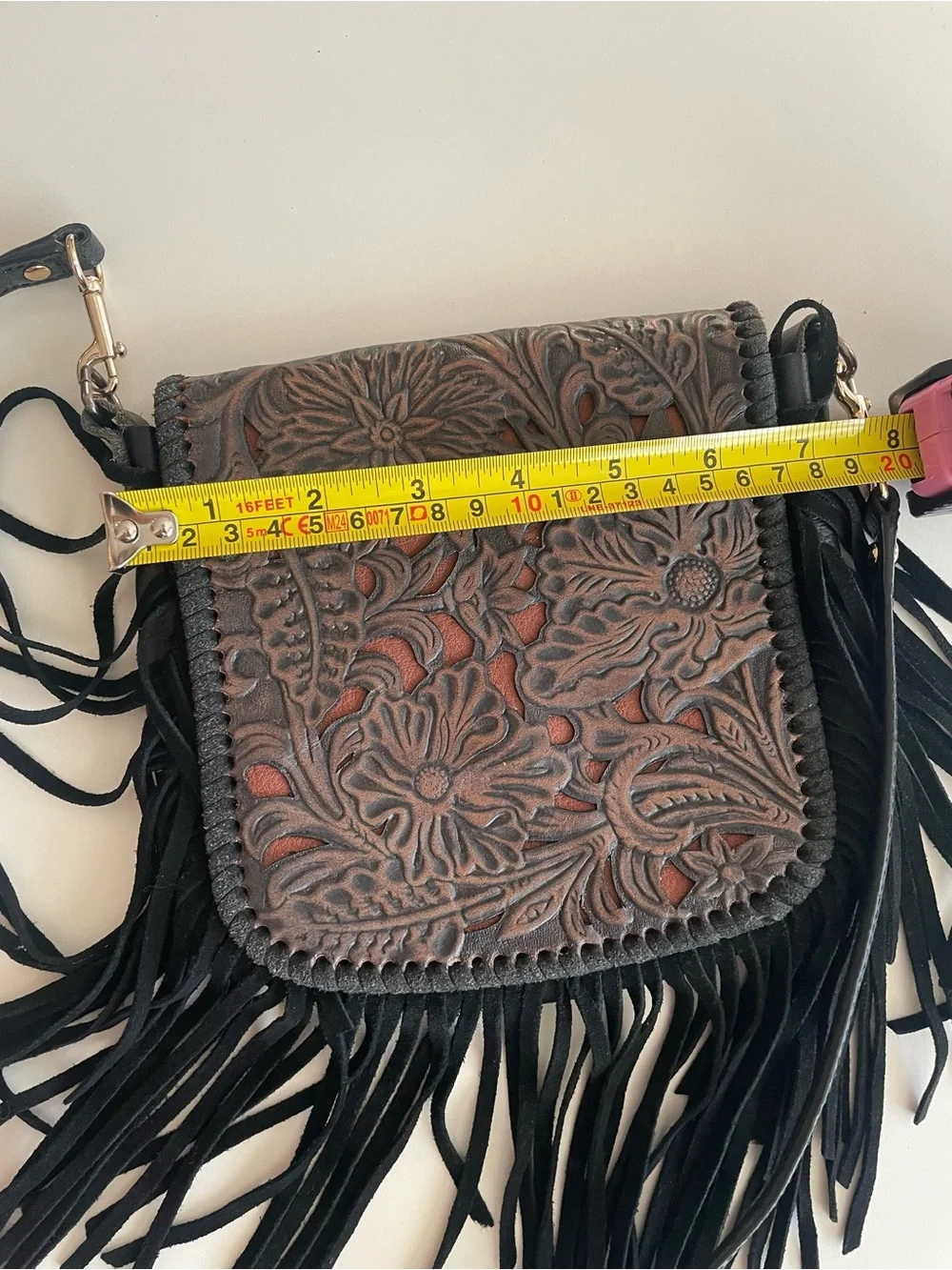 P&G Genuine Leather Tooled Floral Fringe Crossbody Boho Western Bag